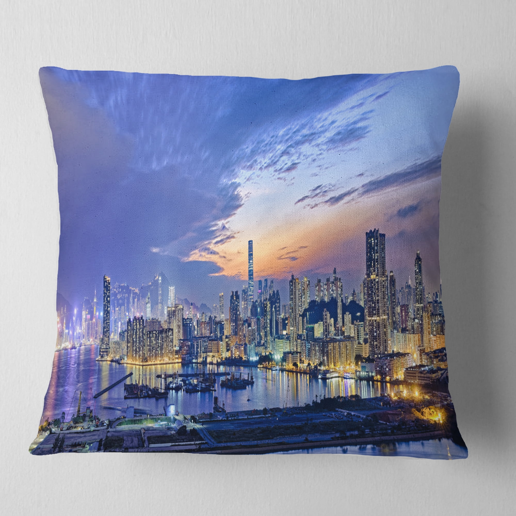 Designart Hong Kong City Sunset Panorama - Cityscape Throw Pillow - 16x16