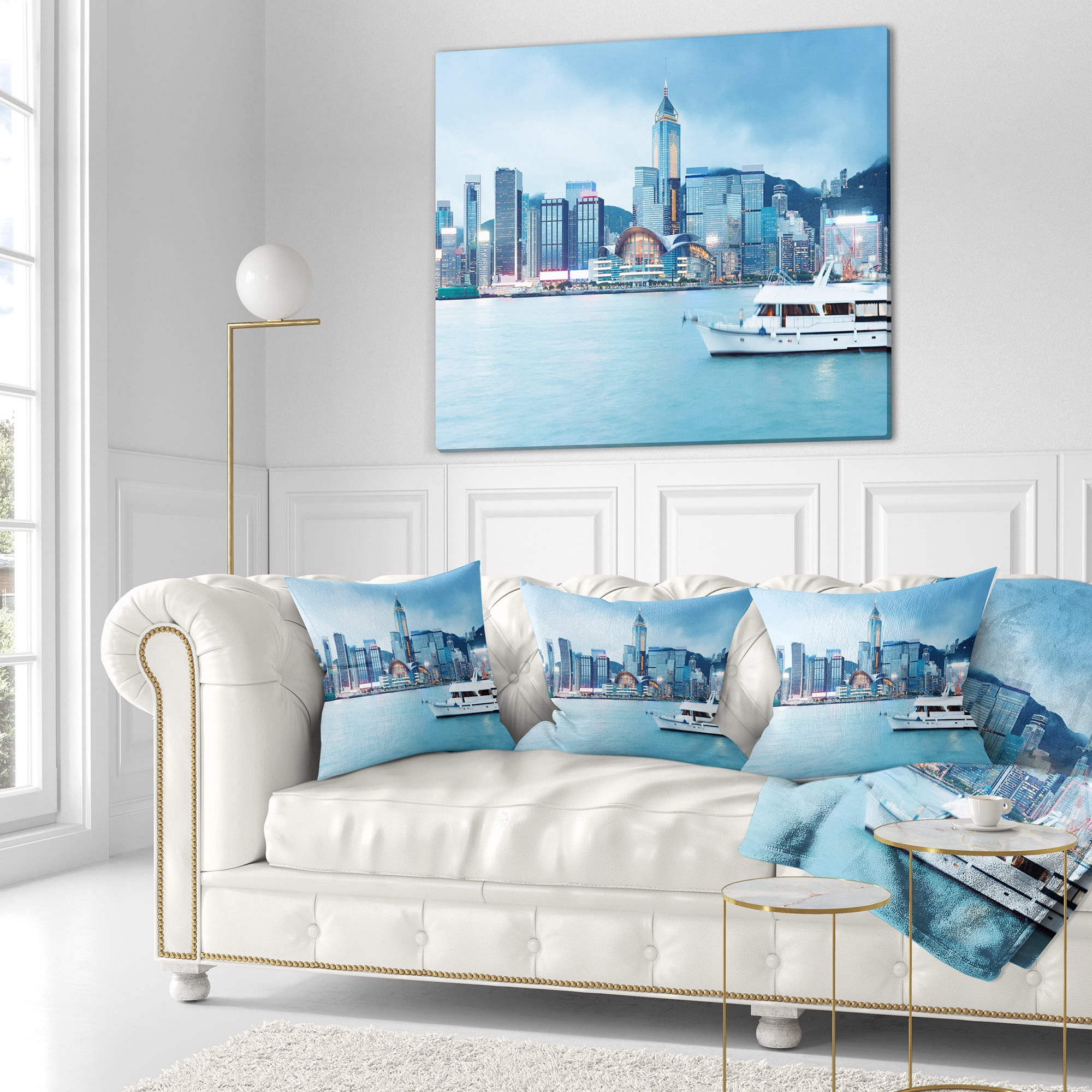 Designart Hong Kong City at Night - Cityscape Throw Pillow - 16x16
