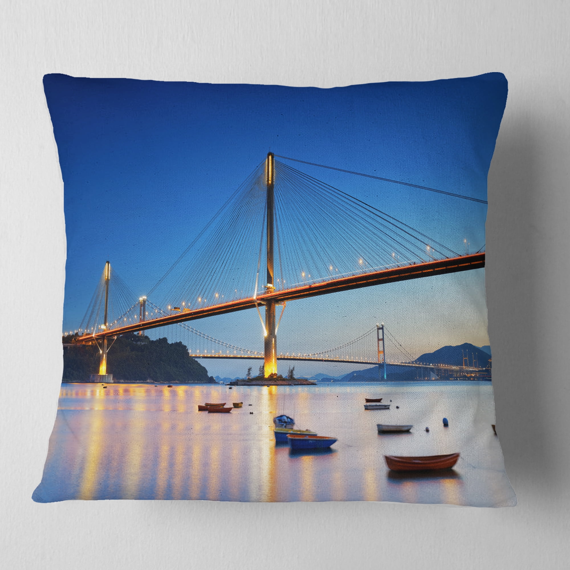 Designart Hong Kong High Bridge at Night - Sea Bridge Throw Pillow - 18x18