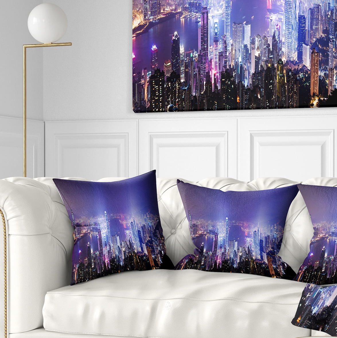 Designart Hong Kong Night City - Cityscape Photo Throw Pillow - 16x16