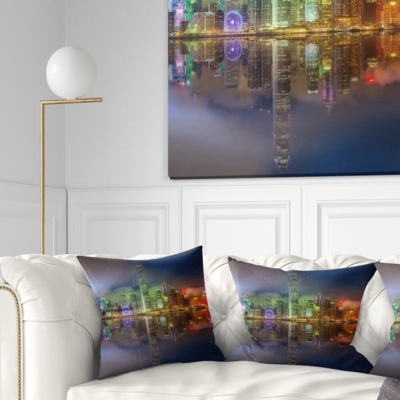 Designart Hong Kong Panoramic View - Seascape Photography Throw Pillow - 16x16