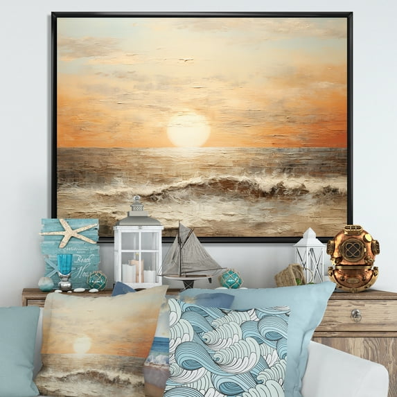 Designart "Horizon Bathed In Beige And Gold Beach Sunset" Coastal Sunset Floater Framed Wall Art Living Room
