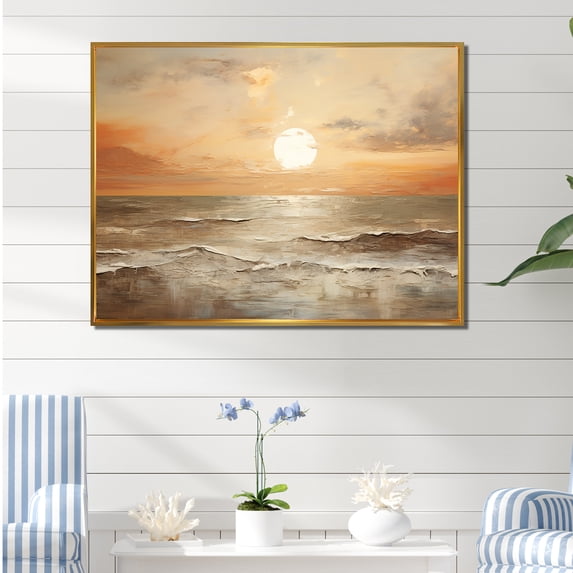 Designart "Horizon Bathed In Beige And Gold Beach Sunset IV" Coastal Sunset Floater Framed Canvas Art Print
