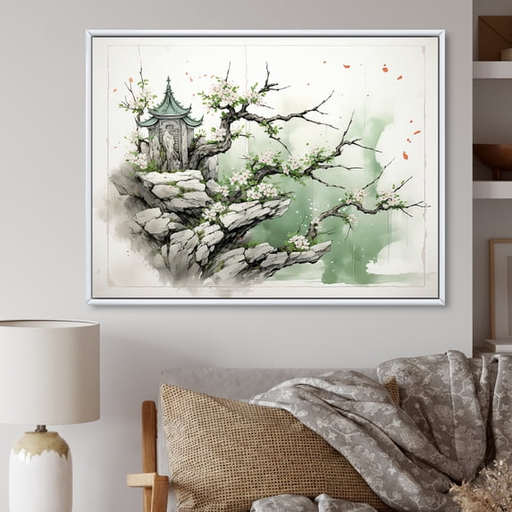 Designart "Horizon Landscape Blooms in Gloomy Tones" Landscapes Framed Wall Art - Country Green Landscape Modern Entryway Framed Wall Art
