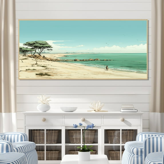 Designart "Horizon Line at the Beach in France" Extra Large Coastal Framed Wall Art - Coastal Blue Coastal Minimalism Entryway Framed Wall Art Print