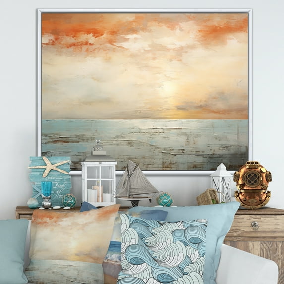Designart "Horizon Of Beige And Gold Beach Sunset" Coastal Sunset Floater Framed Wall Art Living Room