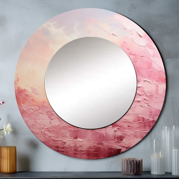 Designart "Horizon in Pink" Abstract Landscape Rund Mirror For Wall Decor - Large Pink Round Print Mirror - Round Modern Mirror 29" x 29" Inch - Wall Mounted Round Large Mirror