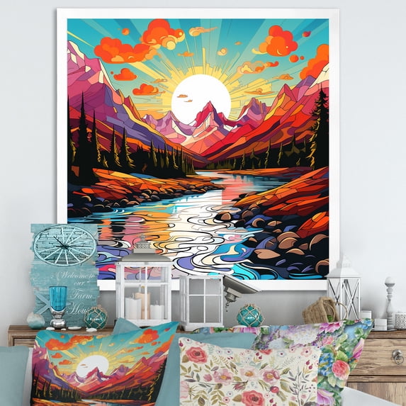 Designart "Horizon of River Mountains under a Colorful Sunset IV" Food & Beverage Framed Wall Art Decor - Traditional Pink Fruits Bedroom Framed Canvas Wall Art