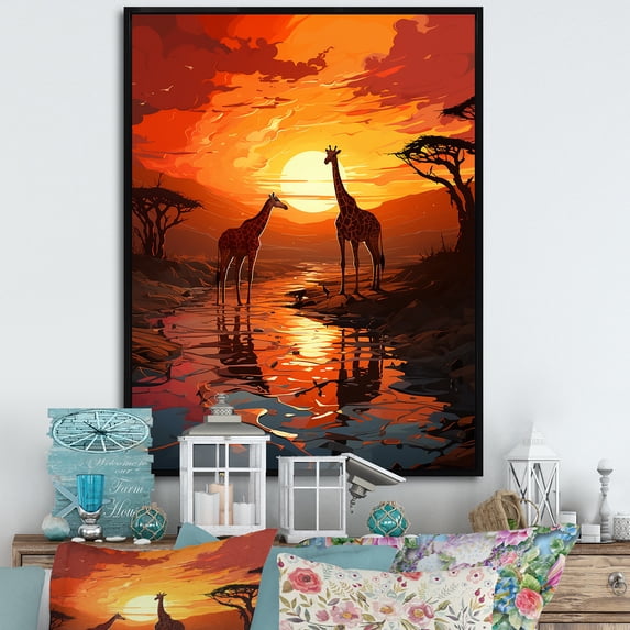 Designart "Horizon With African Giraffe I" Animals Giraffe Floater Framed Wall Art Prints