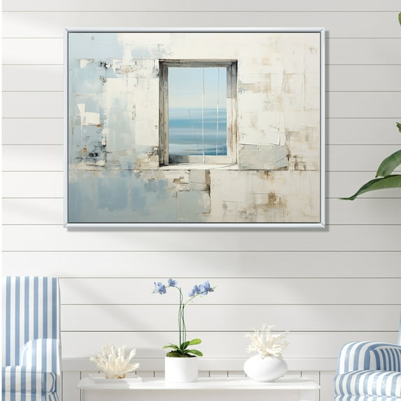 Designart "Horizon With Beachfront Windows II" Coastal Windows Floater Framed Wall Decor