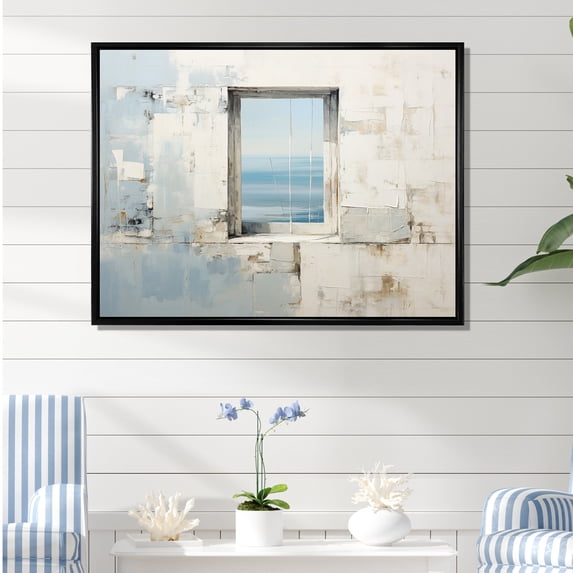 Designart "Horizon With Beachfront Windows II" Coastal Windows Floater Framed Wall Decor
