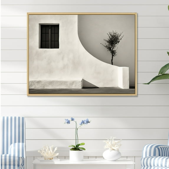 Designart "Horizon With Black And White Beach House" Coastal Windows Floater Framed Wall Art Prints