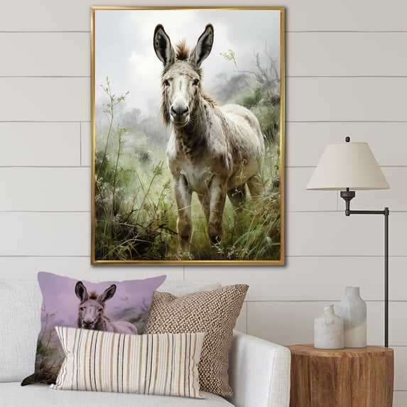 Designart "Horizon of Countryside Donkey III" Animals Framed Wall Art - Traditional Grey Donkey Hallway Framed Wall Art Decor