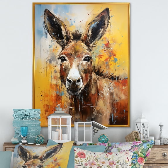 Designart "Horizon of Countryside Donkey IV" Animals Framed Wall Art - Traditional Brown Donkey Living Room Framed Canvas Art
