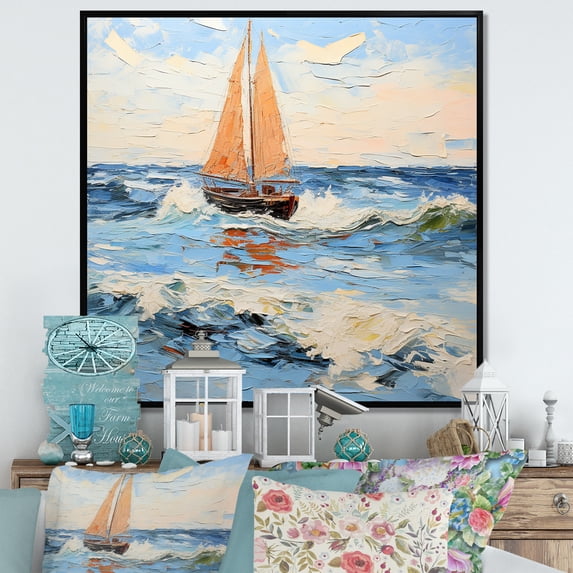 Designart "Horizon of Orange Sailing Boat III" People Framed Wall Art - Traditional Orange Nursery Teddy Bear Bedroom Framed Canvas Wall Art