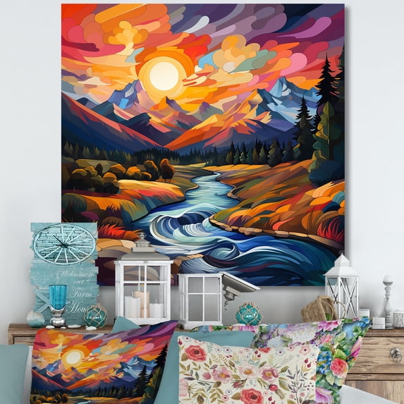 Designart "Horizon of River Mountains under a Colorful Sunset I" Food & Beverage Wall Art - Traditional Colorful Fruits Entryway Wall Art Print