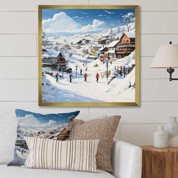 Designart "Horizon of a Skiing Winter Village" Food & Beverage Framed Wall Art Decor - Traditional White Fruits Bedroom Framed Canvas Wall Art