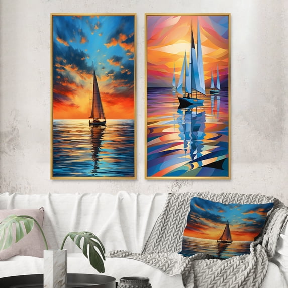 Designart "Horizons Illuminated by Sailboats I" Boat Sailing Framed Wall Art Set Of 2 - Multi-Color Transportation Framed Canvas Set For Living Room Decor