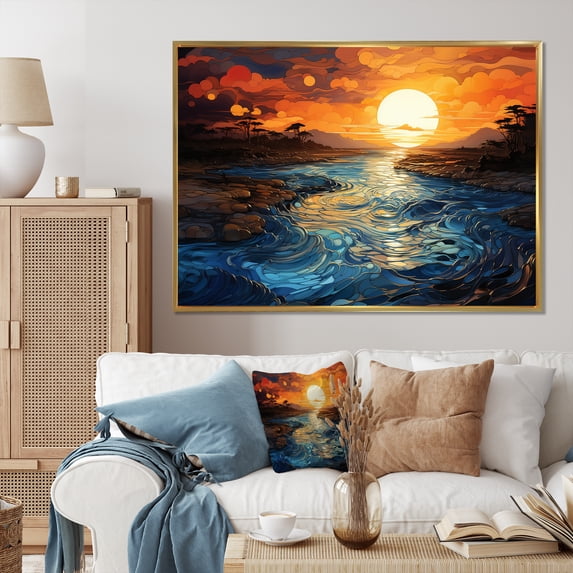 Designart "Horizons by the Ocean at Sunset II" Landscapes Floater Framed Wall Art Print