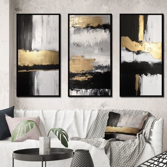 Designart "Horizontal Perspectives Abstract in Gold and Black IV" Abstract Painting Framed Wall Art Set Of 3 - Gold Modern Frame Gallery Set For Office Decor
