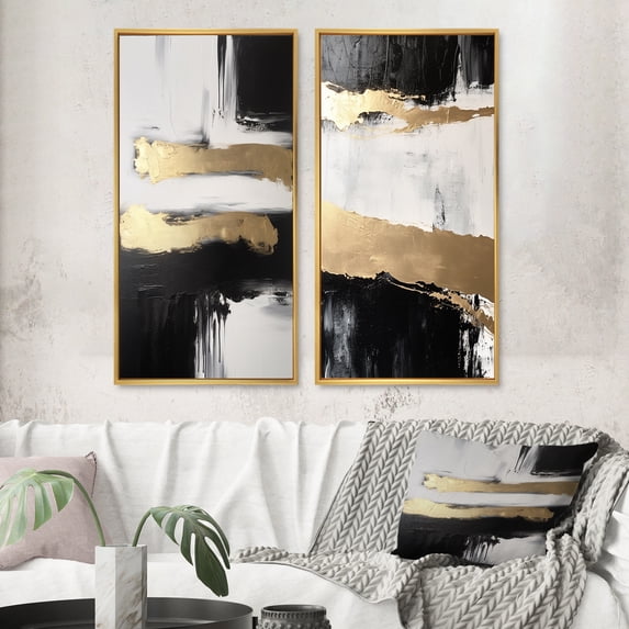 Designart "Horizontal Perspectives Abstract in Gold and Black V" Abstract Painting Framed Wall Art Set Of 2 - Modern Gold Gallery Wall Frame Set For Home Decor