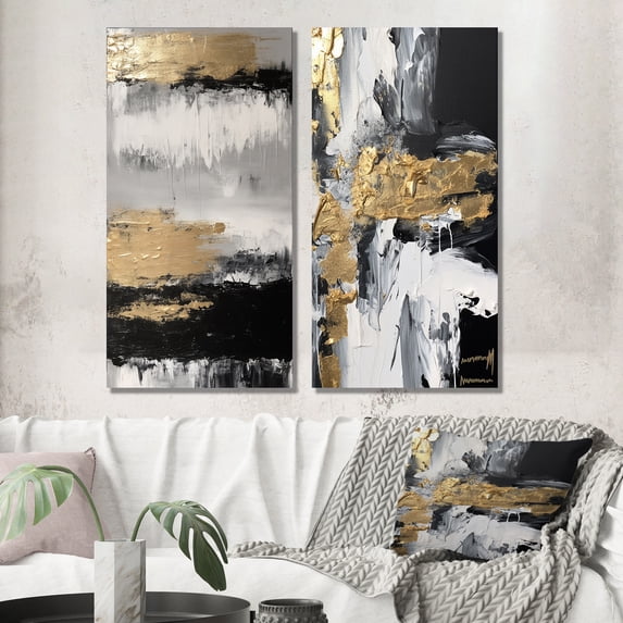 Designart "Horizontal Perspectives Abstract in Gold and Black II" Abstract Painting Wall Art Set Of 2 - Modern Gold Gallery Wall Set For Home Decor
