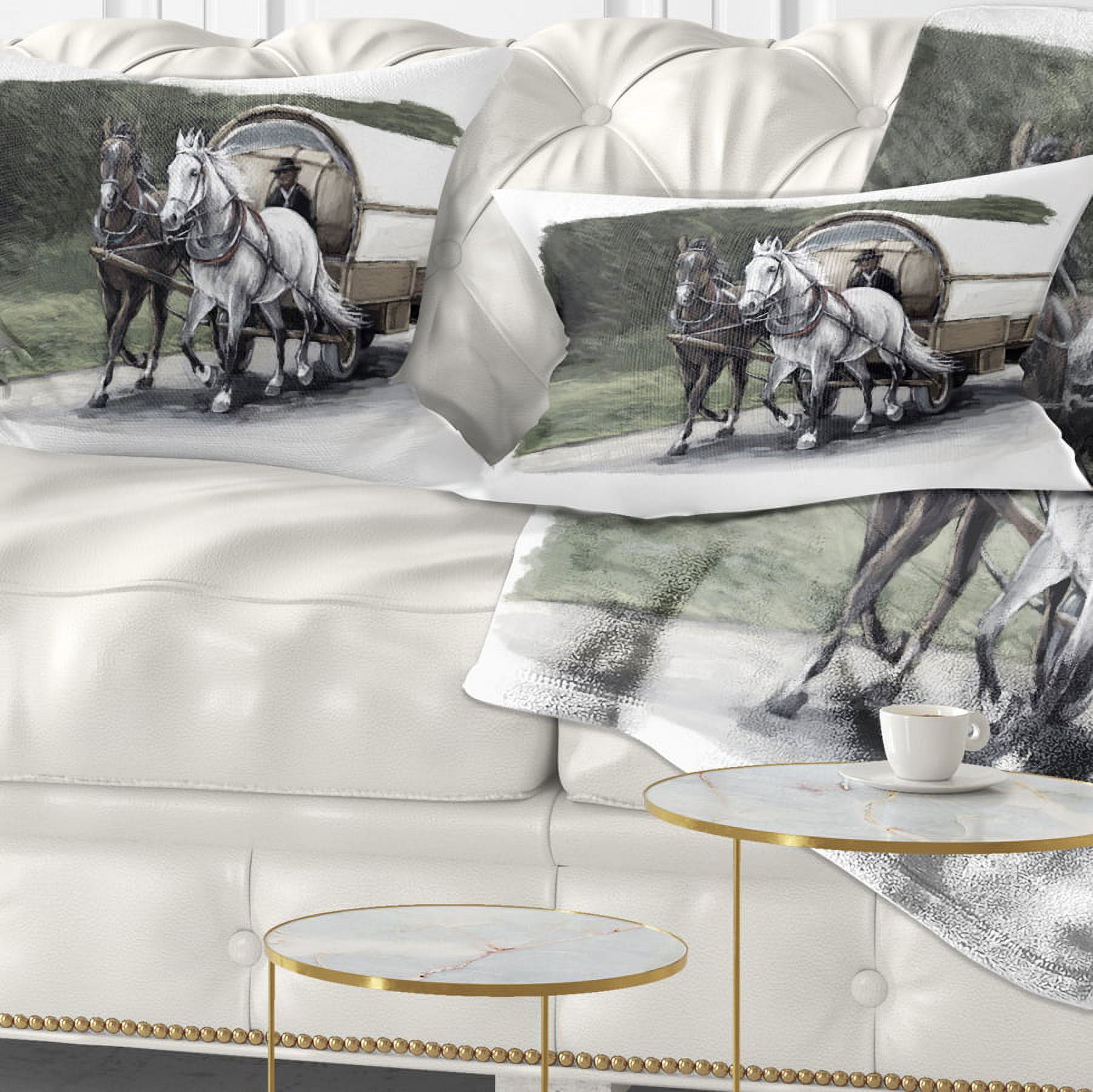 Designart Horse Cart Black and White - Animal Painting Throw Pillow - 12x20