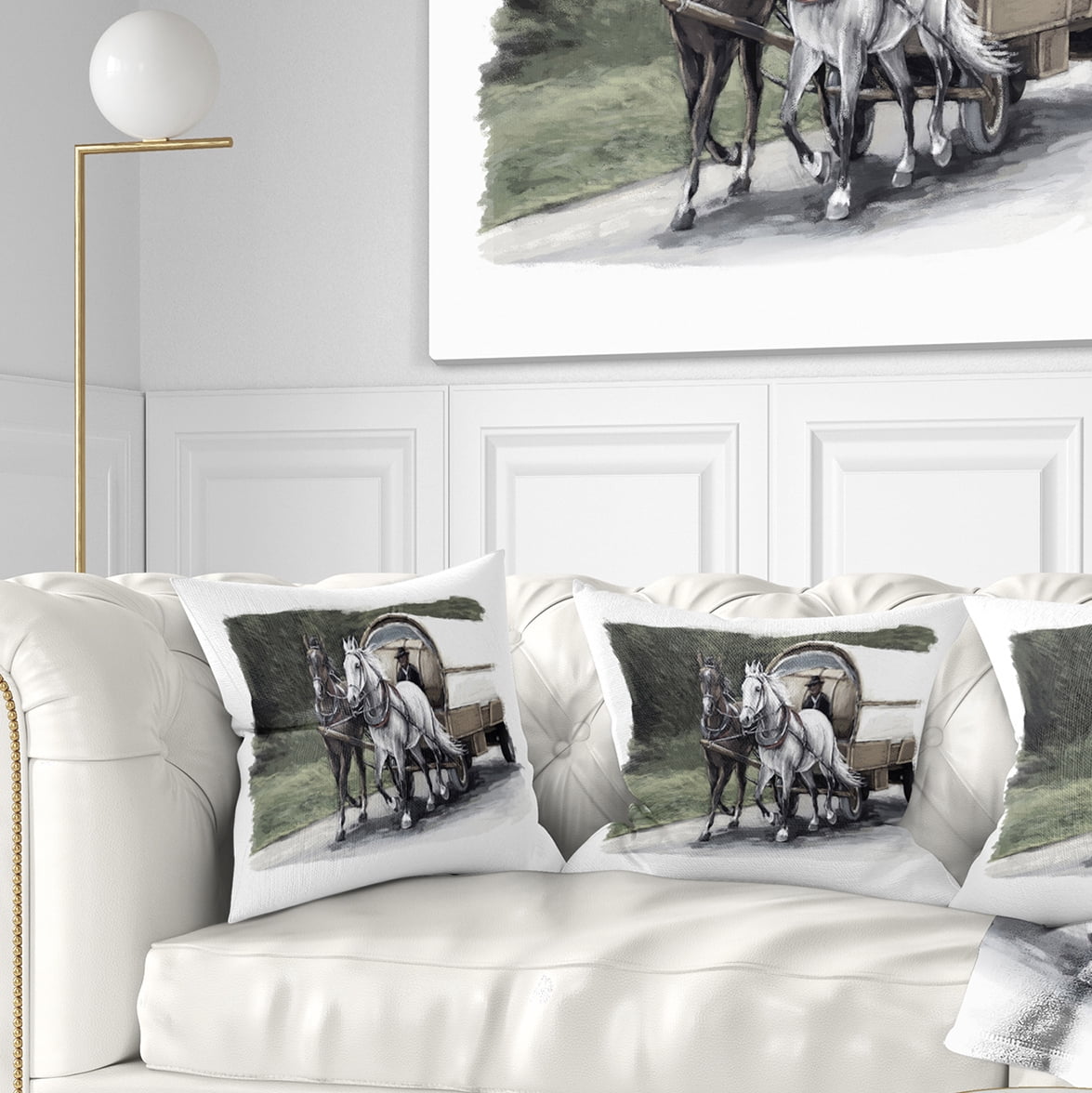 Designart Horse Cart Black and White - Animal Painting Throw Pillow - 16x16