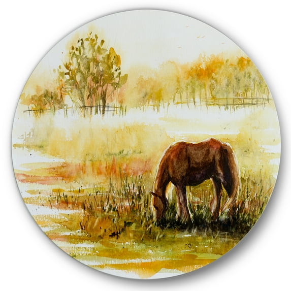 Designart 'Horse Eating Grass On A Meadow' Farmhouse Circle Metal Wall Art 29x29 - Disc of 29