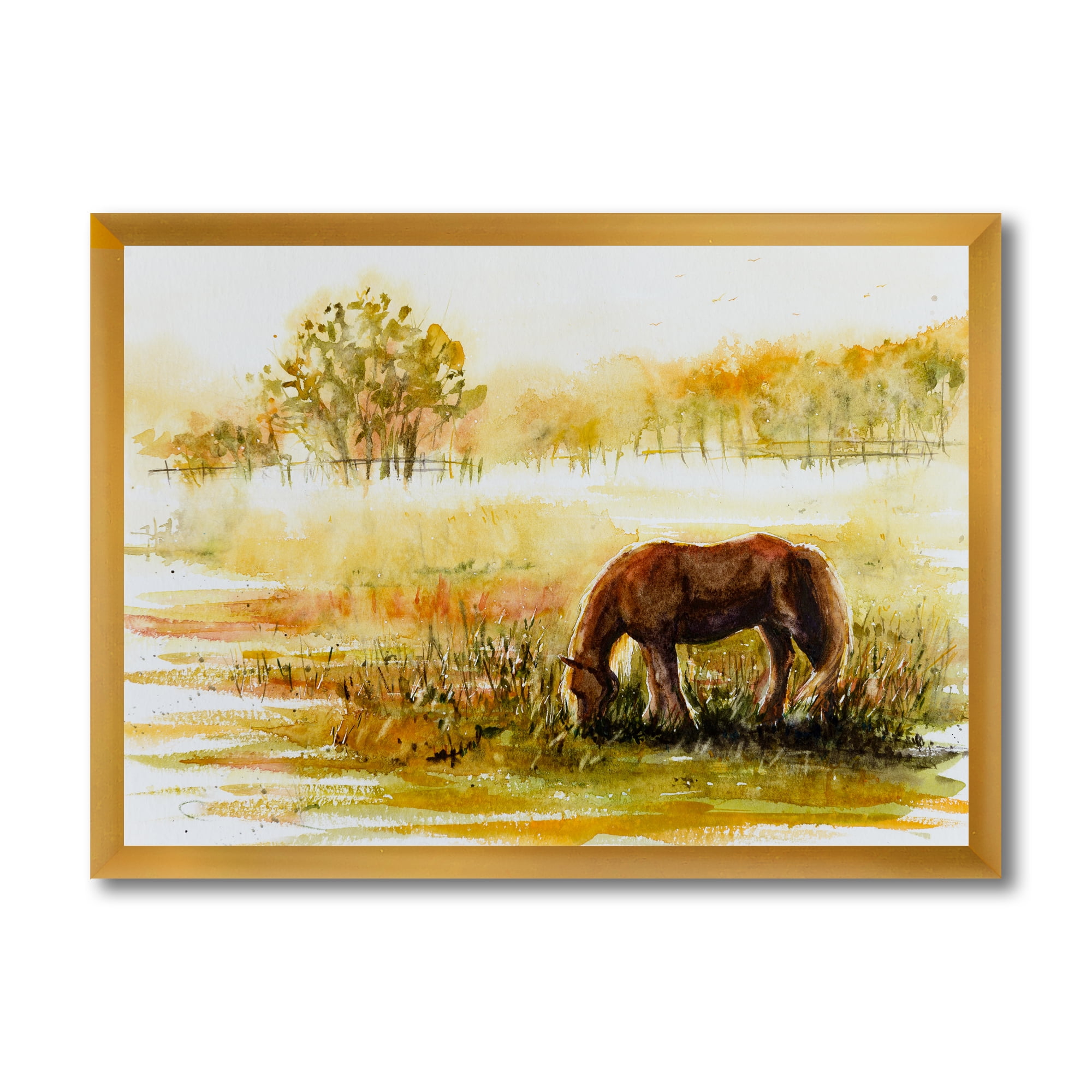 Designart 'Horse Eating Grass On A Meadow' Farmhouse Framed Art Print