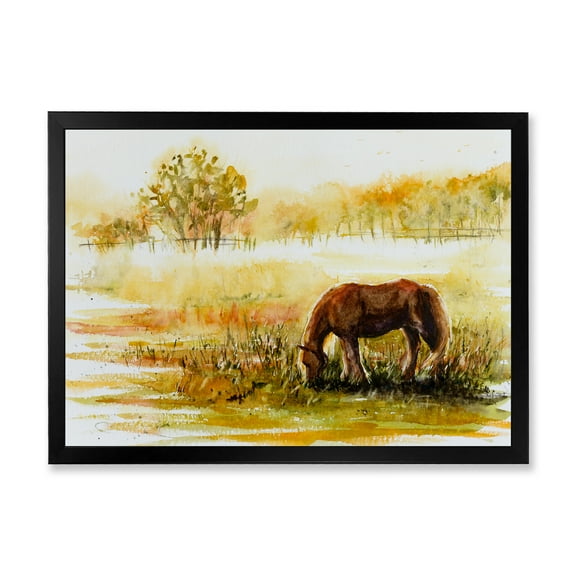 Designart 'Horse Eating Grass On A Meadow' Farmhouse Framed Art Print