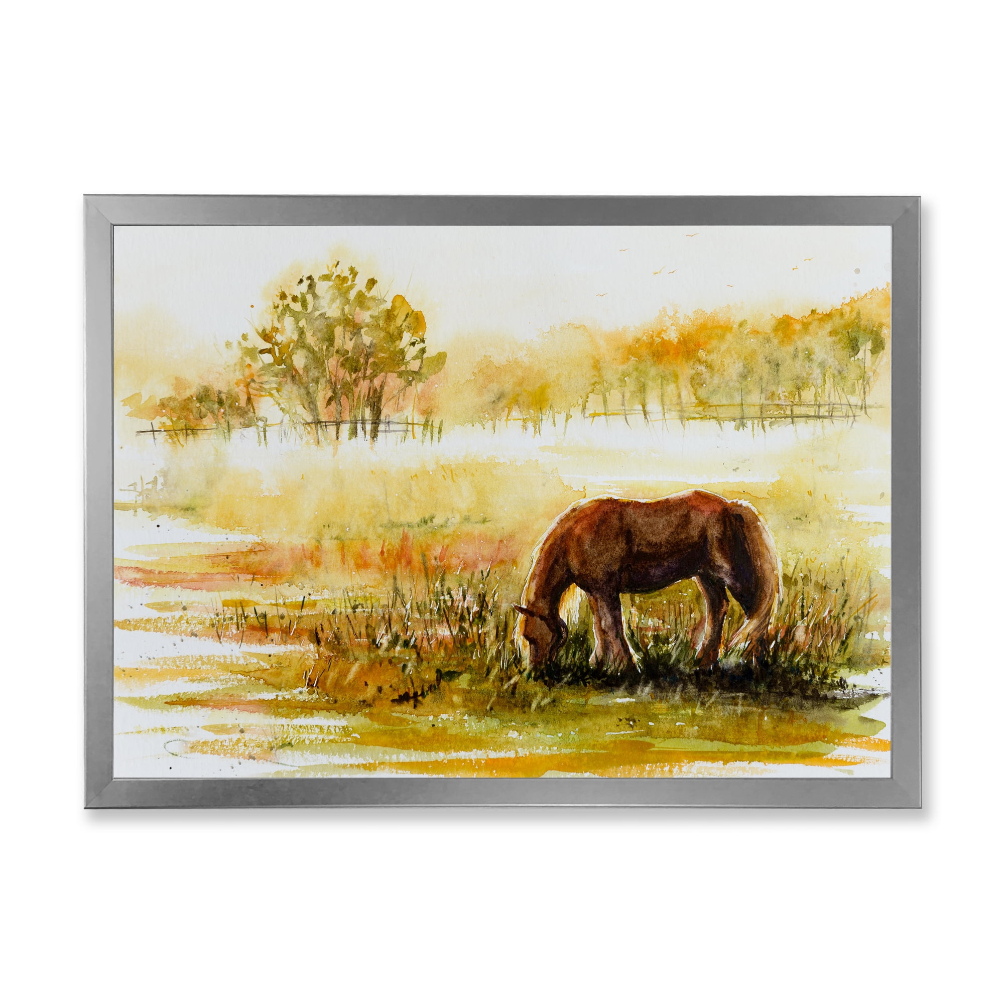 Designart 'Horse Eating Grass On A Meadow' Farmhouse Framed Art Print