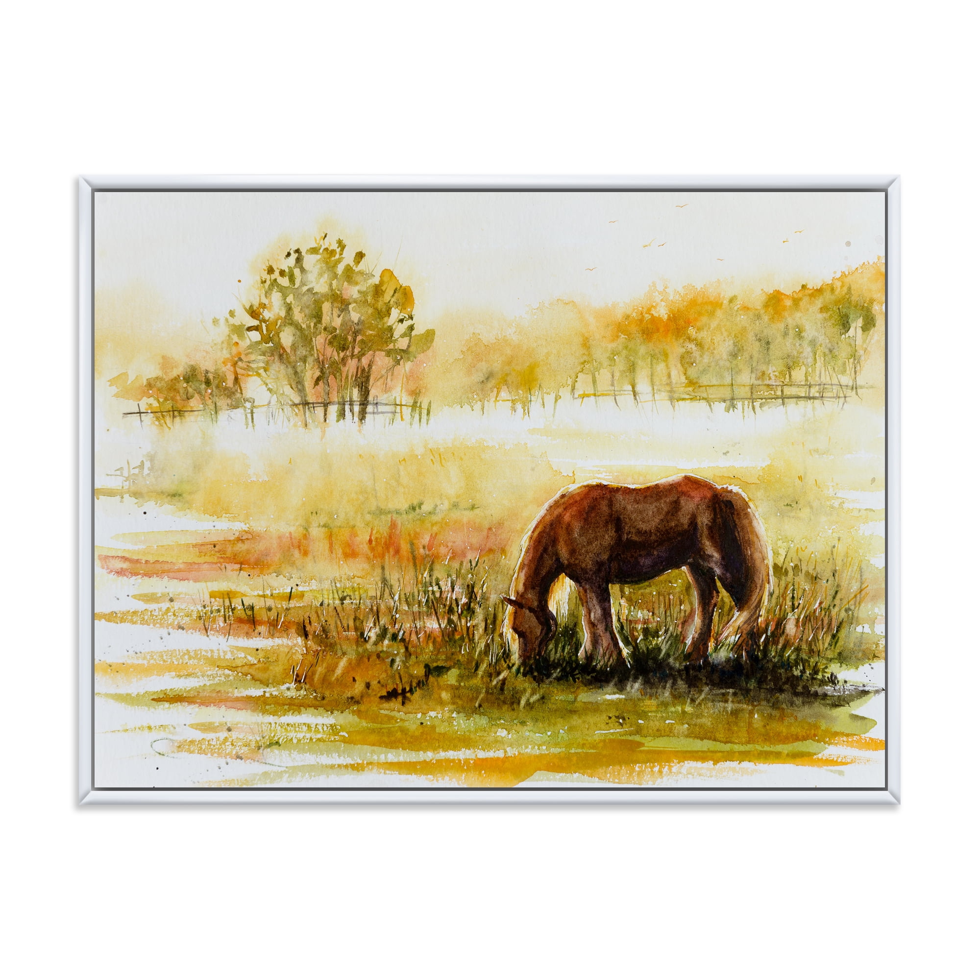 Designart 'Horse Eating Grass On A Meadow' Farmhouse Framed Canvas Wall Art Print