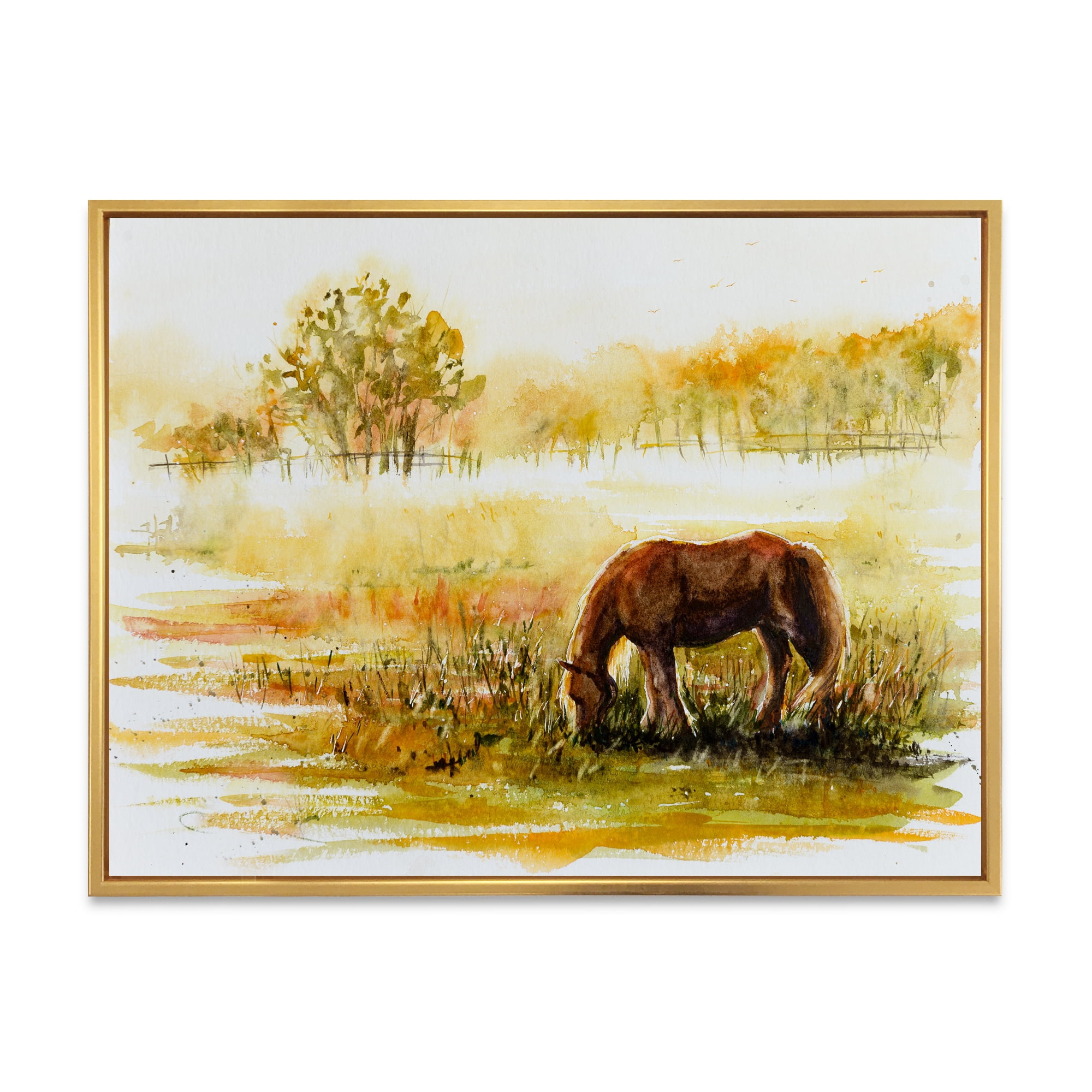 Designart 'Horse Eating Grass On A Meadow' Farmhouse Framed Canvas Wall Art Print