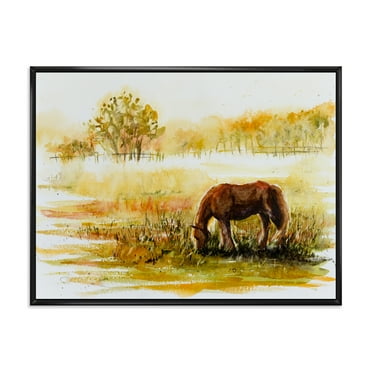 Designart 'Horse Eating Grass On A Meadow' Farmhouse Framed Canvas Wall Art Print