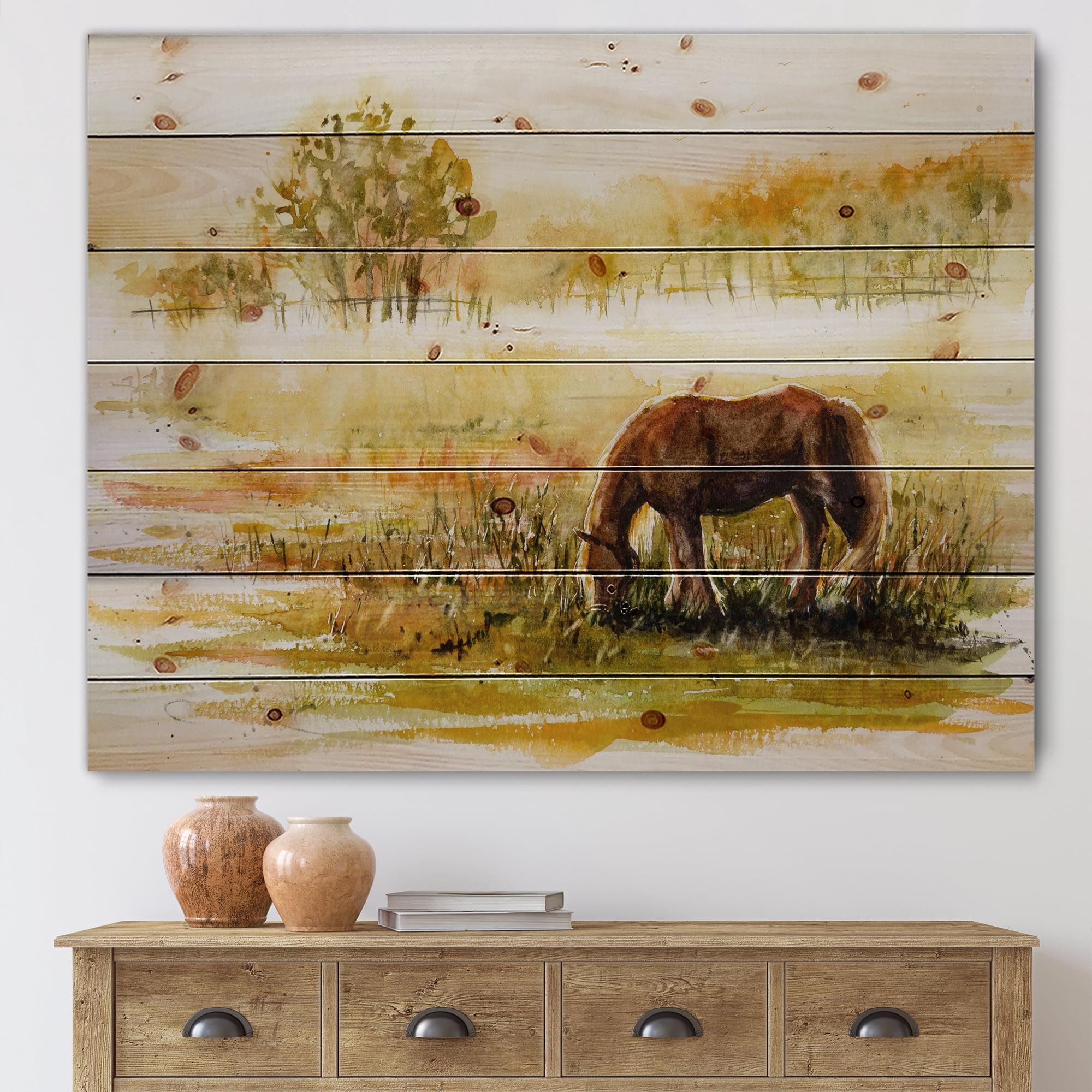 Designart 'Horse Eating Grass On A Meadow' Farmhouse Print on Natural Pine Wood