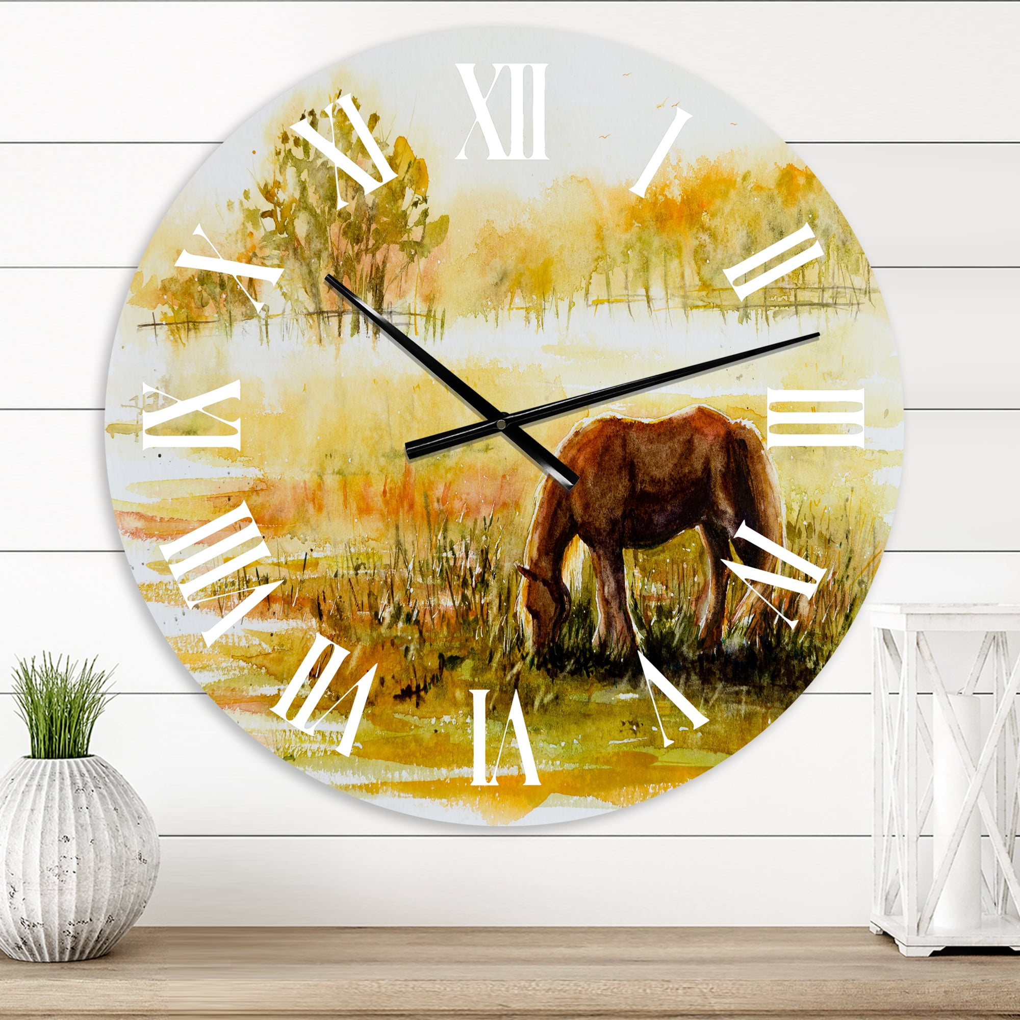 Designart 'Horse Grazing On A Meadow' Farmhouse Wall Clock