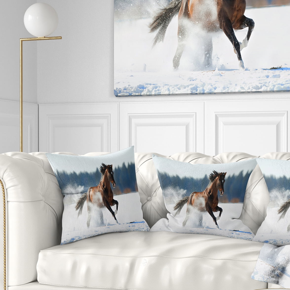Designart Horse Running in Winter - Landscape Photography Throw Pillow - 16x16