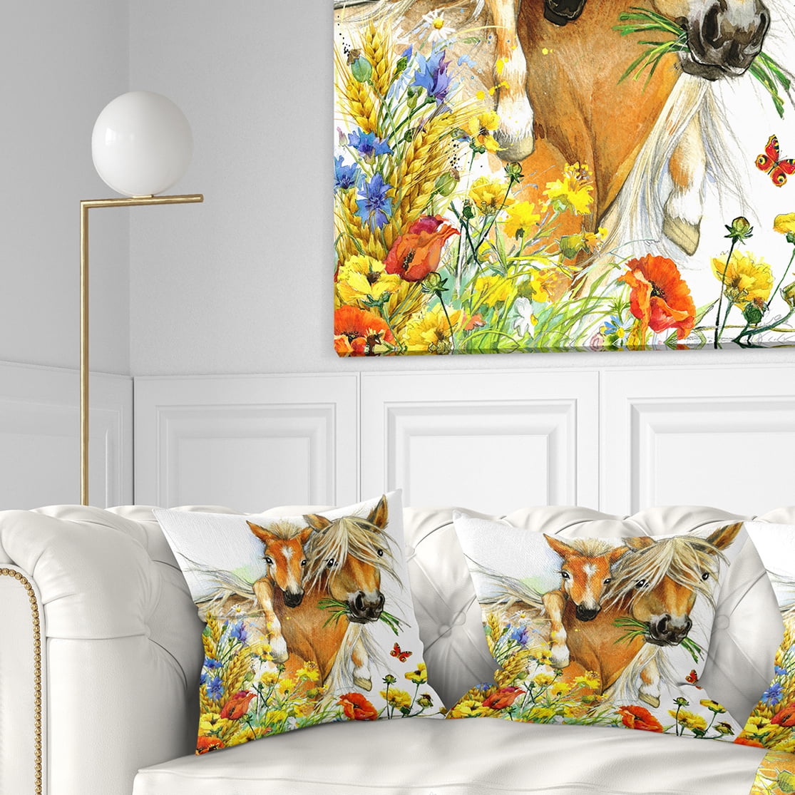 Designart Horse and Foal with Flowers - Animal Throw Pillow - 16x16