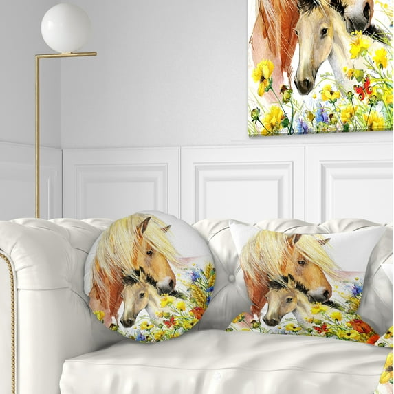 Designart Horse and Foal with Meadow - Animal Throw Pillow - 12x20