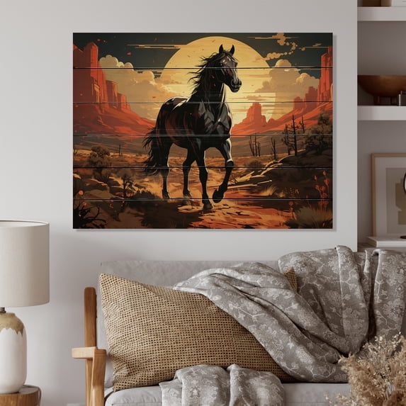 Designart "Horse in Nevada Black Beauty in the Desert I" Animals Print on Natural Pine Wood