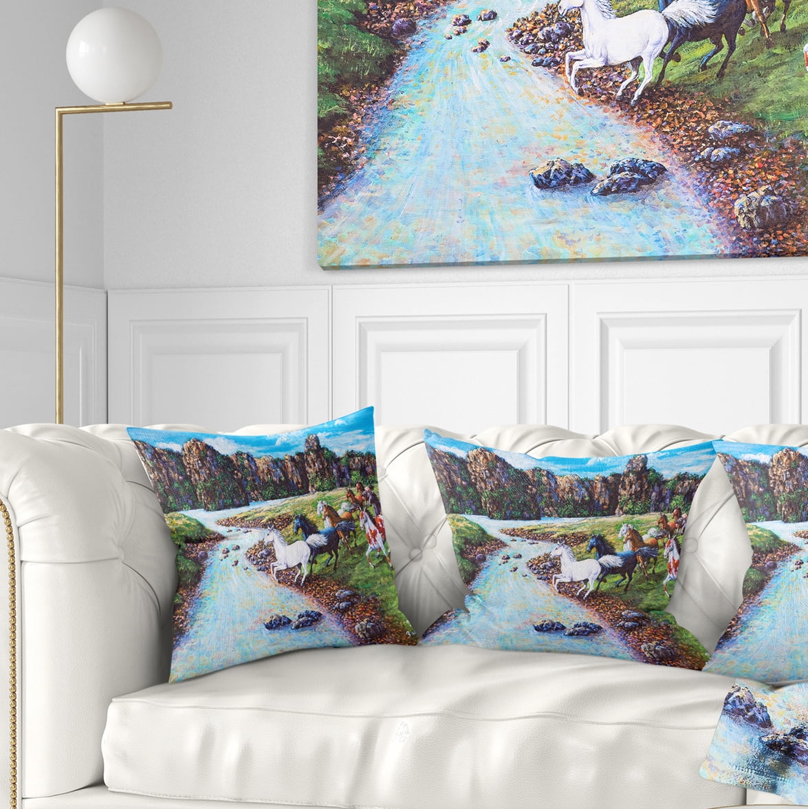 Designart Horses Crossing the Stream - Landscape Painting Throw Pillow - 16x16