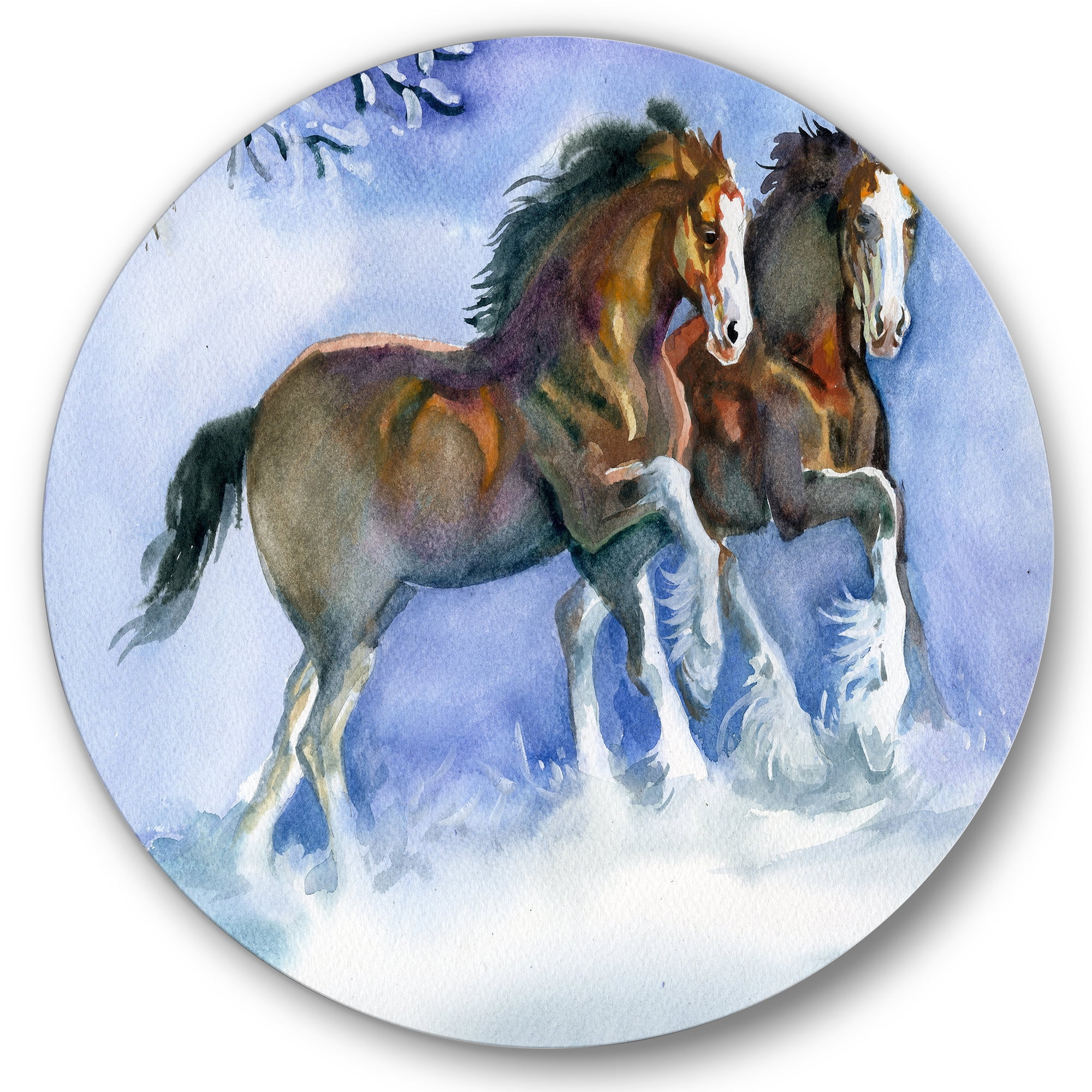 Designart 'Horses Running In Winter On Blue' Farmhouse Circle Metal Wall Art 36x36 - Disc of 36