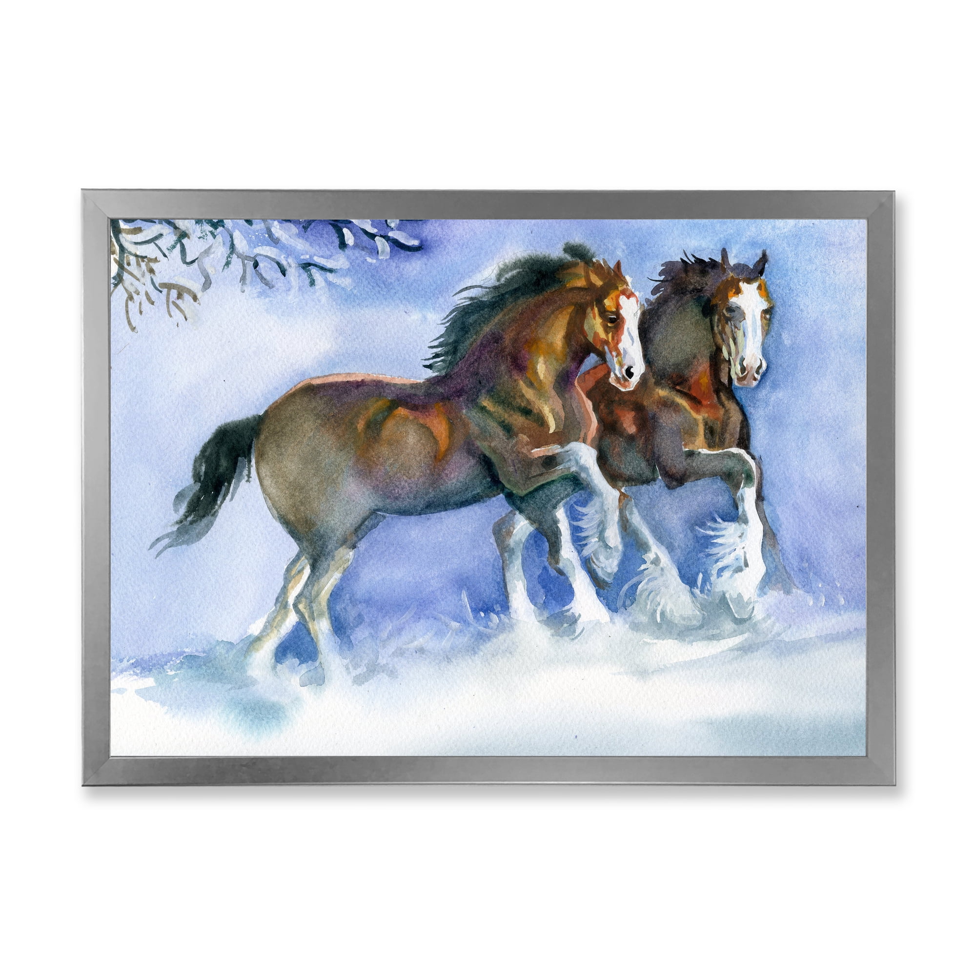 Designart 'Horses Running In Winter On Blue' Farmhouse Framed Art Print