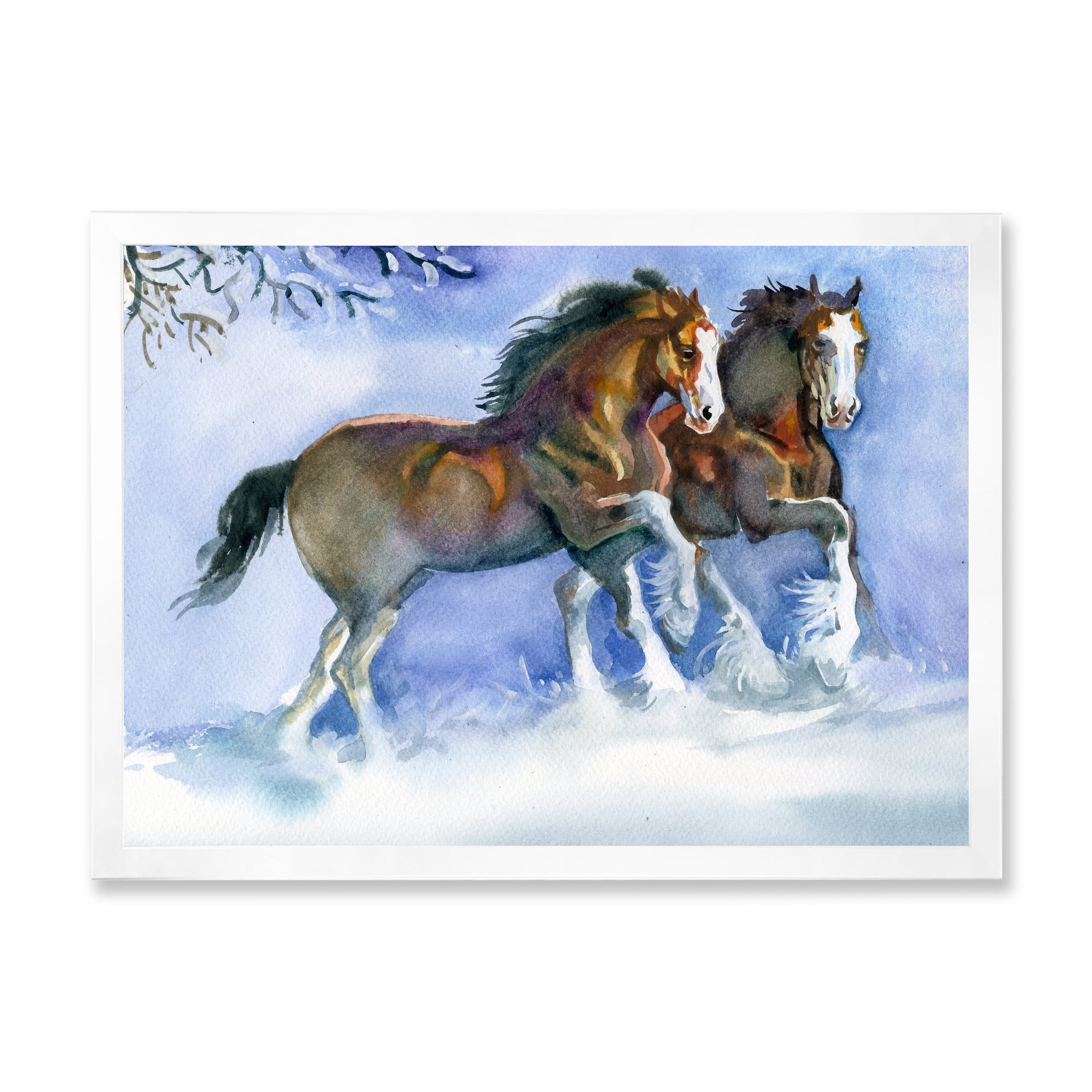 Designart 'Horses Running In Winter On Blue' Farmhouse Framed Art Print