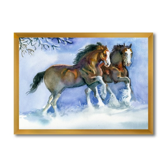 Designart 'Horses Running In Winter On Blue' Farmhouse Framed Art Print