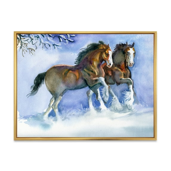 Designart 'Horses Running In Winter On Blue' Farmhouse Framed Canvas Wall Art Print