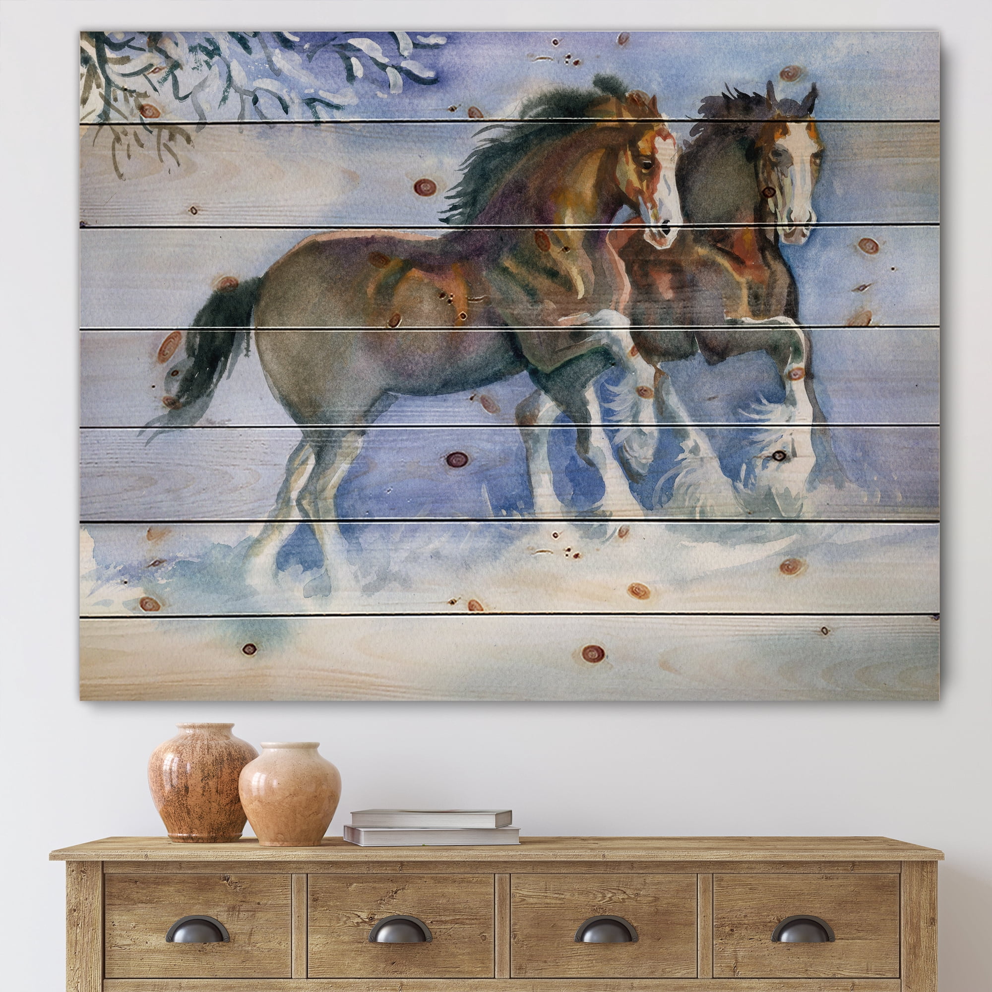 Designart 'Horses Running In Winter On Blue' Farmhouse Print on Natural Pine Wood