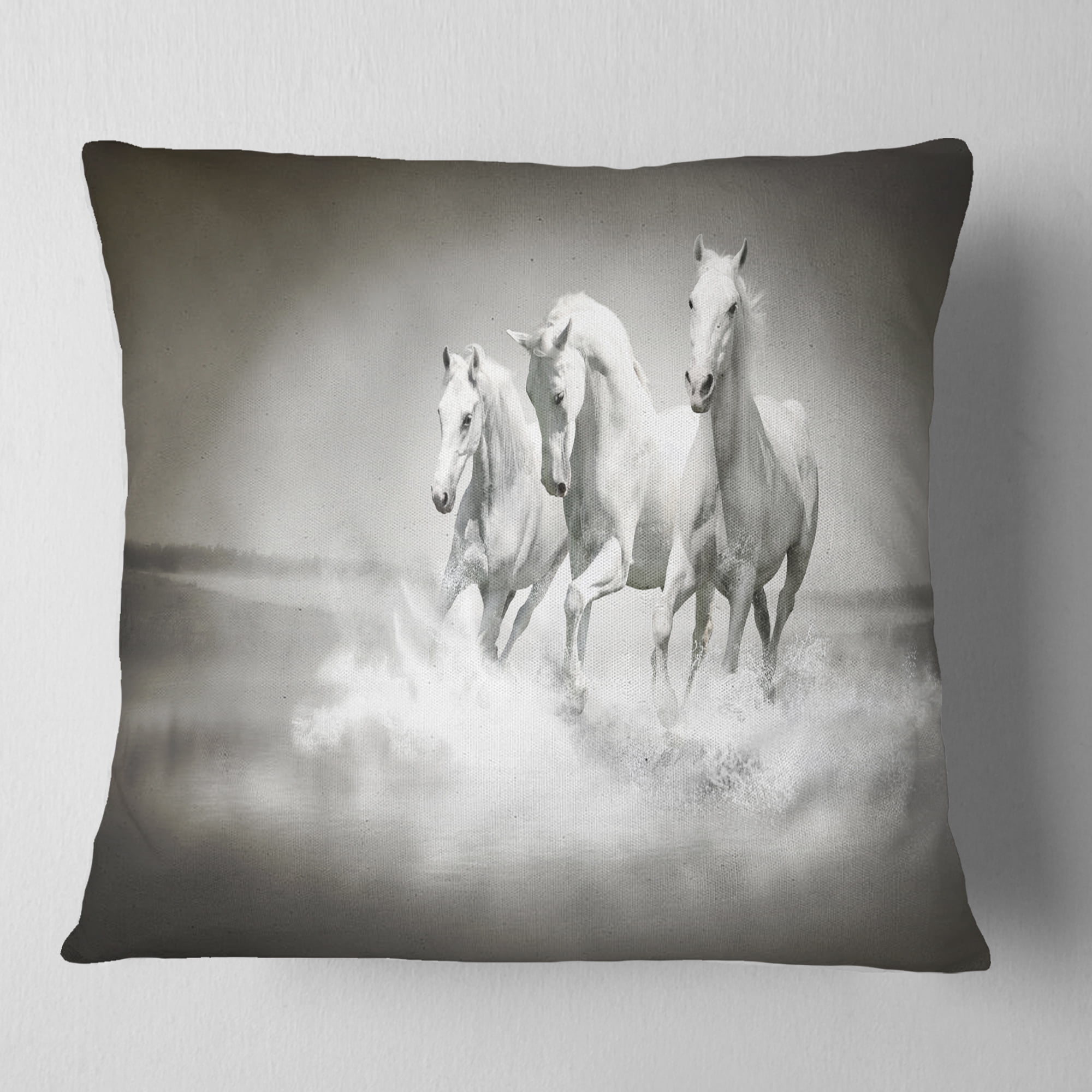 Designart Horses Running Through Water - Animal Throw Pillow - 18x18