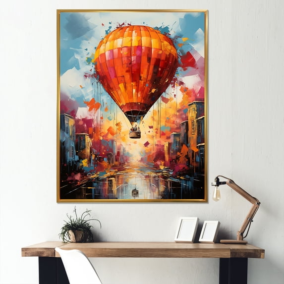 Designart "Hot Air Balloon Bliss In Street Art" Hot Air Balloon Floater Framed Wall Decor